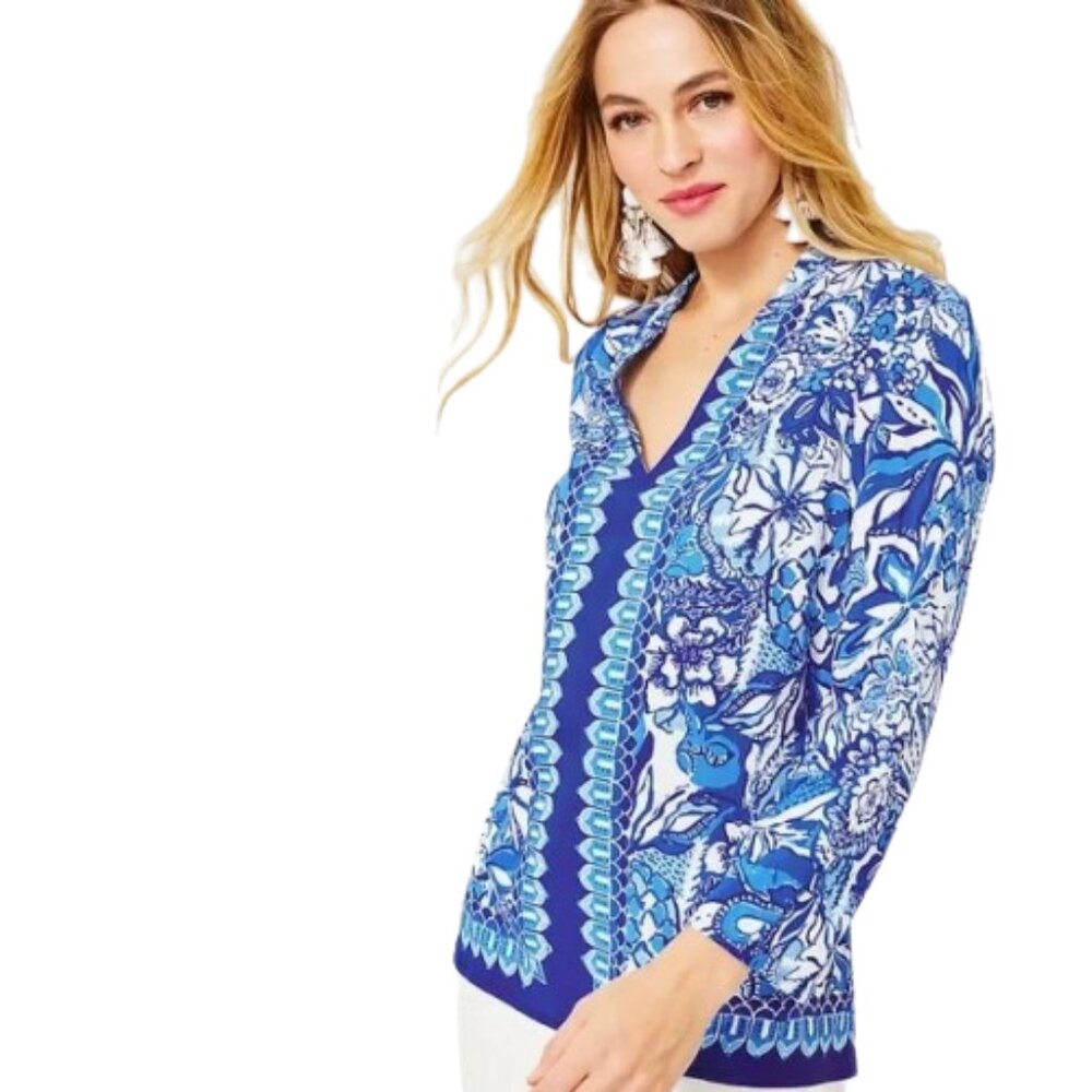 Lilly Pulitzer Blue Luna Bay Flocking Fabulous Tunic Top